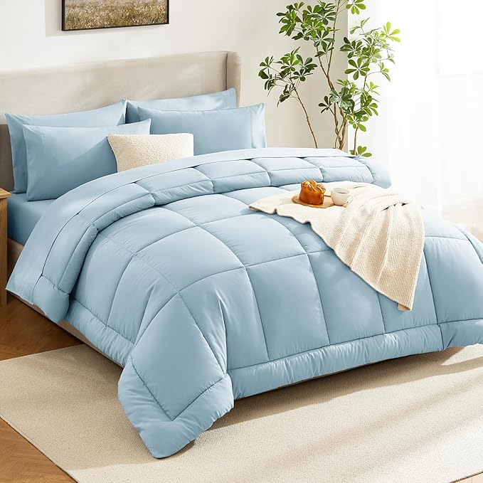 CozyLux King Size Comforter Set Light Blue, 7 Pieces Bed in a Bag, Blue Comforter King Size, All Season Bedding Sets with Stitch Quilted Comforter, Flat Sheet, Fitted Sheet, Pillowcases
