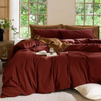 MooMee Bedding Duvet Cover Set 100% Washed Cotton Linen Like Textured Breathable Durable Soft Comfy (Solid Fired Brick Red, Full 80"x90")