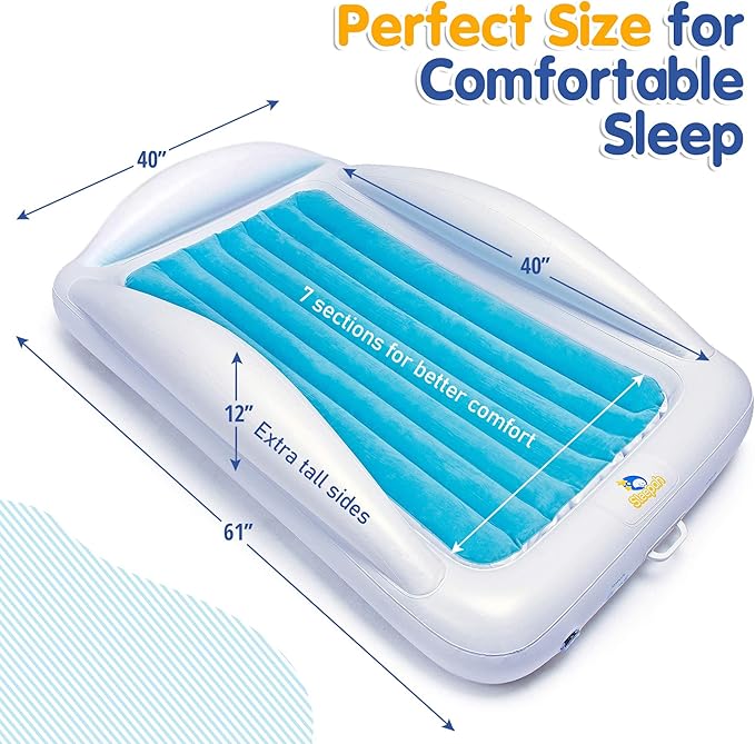 Sleepah Inflatable Toddler Travel Bed Portable Kids Air Mattress Set w Safety Bed Rail Guards for Kids & Toddlers – Set Includes Pump, Carry Case, Pillow & More - Perfect Transitional Cot Aqua