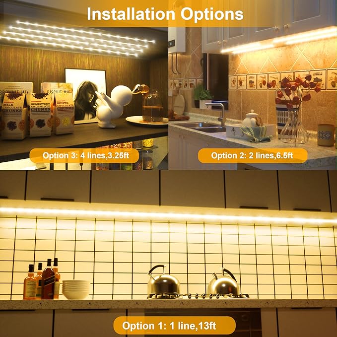 LAFULIT Under Cabinet Lighting Kit - 8 PCS 20 Inch Pre-Cut Strips, 2700K Warm White Flexible LED Strip Lights with Remote and Power Adapter for Kitchen Cabinets, Shelf, Desk, Counter - 13ft