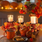 Fall Table Centerpiece Fall Thanksgiving Candle Holder with 3 Candle Holders and 3 Glass Cups, Artificial Maple Leaf Harvest Table Centerpiece with Pumpkins Berries