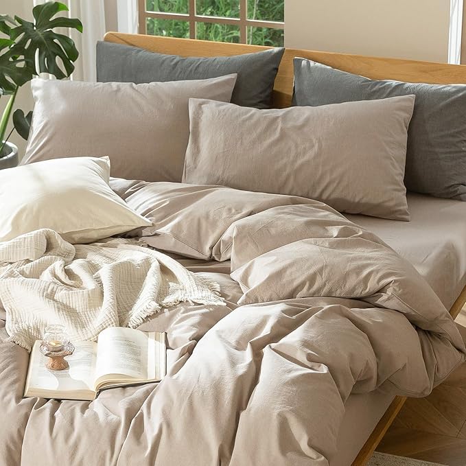 MooMee Bedding Duvet Cover Set 100% Washed Cotton Linen Like Textured Breathable Durable Soft Comfy (Heathered Taupe, Super Queen 90"x98")