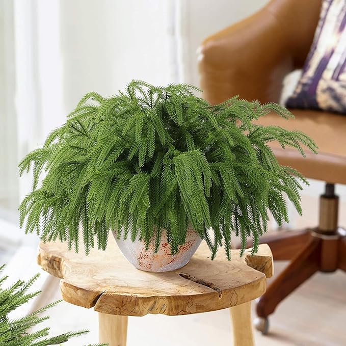 12 Pcs Artificial Norfolk Pine Branches, Norfolk Pine Artificial Pine Stems DIY Crafts Faux Christmas Greenary Norfolk Pine Branches for Xmas Wreath Garland Home Decor (12)