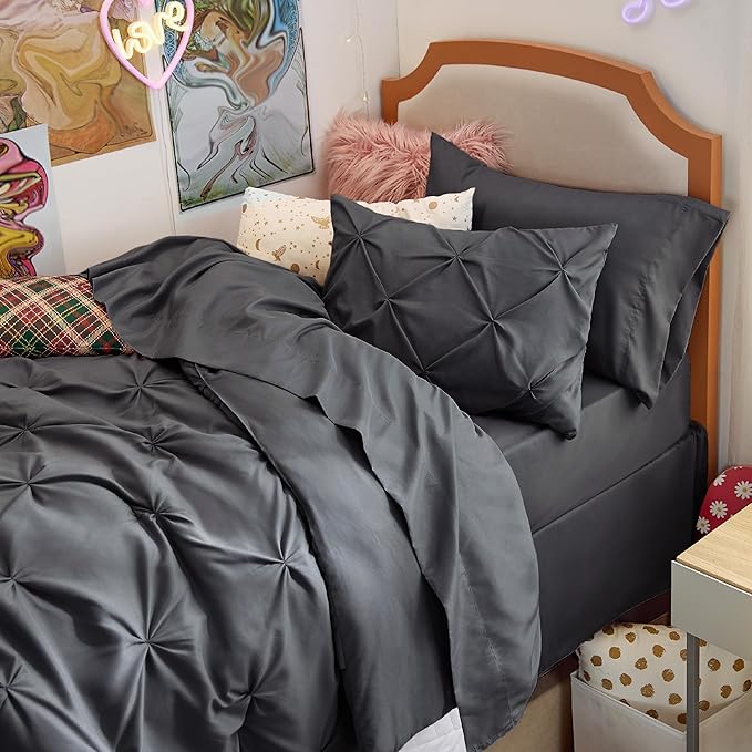 Bedsure Twin Comforter Set Dark Grey - Bed in a Bag Twin Size Bedding 5 Pieces, GentleSoft™ Pintuck Bed Set Gift for Family, Pinch Pleat Dark Grey Comforter with Sheets, Pillowcase & Sham