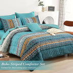 Cottolester Boho King Comforter Set 8 Pieces,Teal and Yellow Bohemian Comforter Paisley Striped Bed in A Bag,Soft Microfiber Bedding Set for All Season