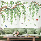 wondever Large Tree Branch Hanging Vine Wall Stickers Green Leaf Flower Birds Peel and Stick Wall Art Decals for Living Room Bedroom TV Wall