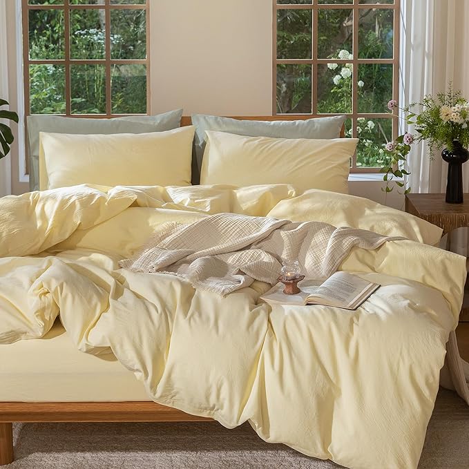 MooMee Bedding Duvet Cover Set 100% Washed Cotton Linen Like Textured Breathable Durable Soft Comfy (Heathered Butter Yellow, Super King 108"x98")