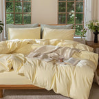 MooMee Bedding Duvet Cover Set 100% Washed Cotton Linen Like Textured Breathable Durable Soft Comfy (Heathered Butter Yellow, Super King 108"x98")