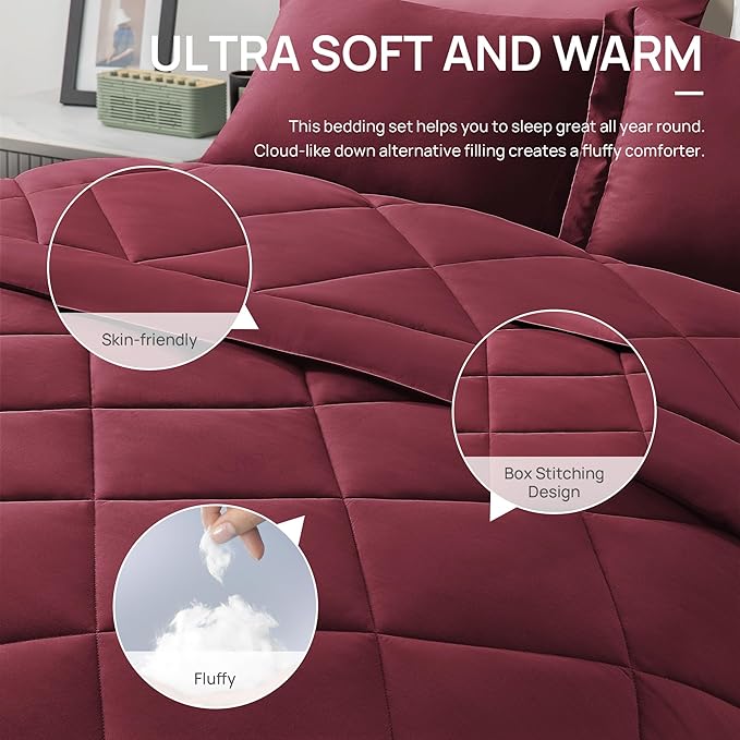 Love's cabin King Size Comforter Set Burgundy, 7 Pieces King Bed in a Bag, All Season Bedding Sets with 1 Comforter, 1 Flat Sheet, 1 Fitted Sheet, 2 Pillowcase and 2 Pillow Sham