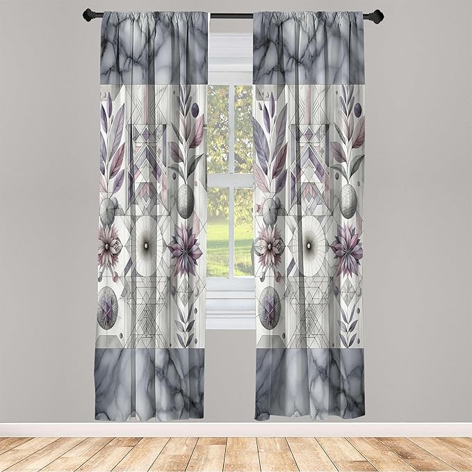 Ambesonne Geometric Floral Window Curtains, Classic Marble Print Ornate Leafy Flowers and Futurist Stripes, Lightweight Decor 2-Panel Set with Rod Pocket, Pair of - 28" x 95", Ceil Blue Laurel Green