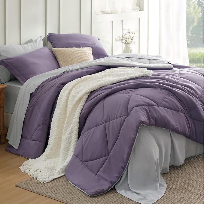 Bedsure Queen Comforter Set - 7 Pieces Reversible Grayish Purple Bedding, Queen Size Bed Set for All Seasons, Bed in a Bag with Down Alternative Comforter, Sheets, Pillowcases & Shams