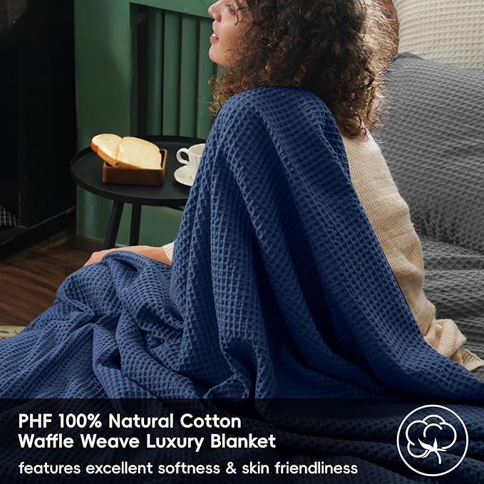 PHF 100% Cotton Waffle Weave Throw Blanket，Pre-Washed Snag Proof Lightweight Breathable Moisture-Wicking Layering in Cold Weather for Couch Bed,Machine Washable,Home Decor Gift-Navy Blue/Bright Blue