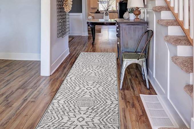 Custom Size Southwestern Style Runner Rug Mat for Wide Hallway Entryway Kitchen Laundry Room with Slip Resistant Latex Rubber Backing, Inca Grey, 31 inch X 8 feet