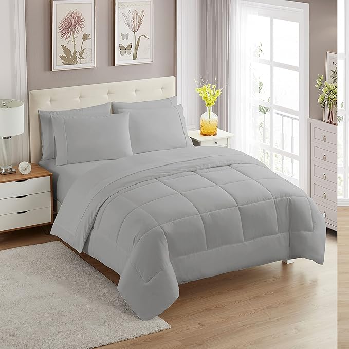 Sweet Home Collection 7 Piece Comforter Set Bag Solid Color All Season Soft Down Alternative Blanket & Luxurious Microfiber Bed Sheets, Silver, Full