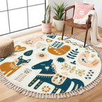Round Rugs Composition Folk Art Animals Decorative Elements Hand Drawn Boho Area Rug Linen and Cotton Carpet Meditation Washable Hallway Runner Mat Accent for Bedroom Bathroom 3ft, Multi9