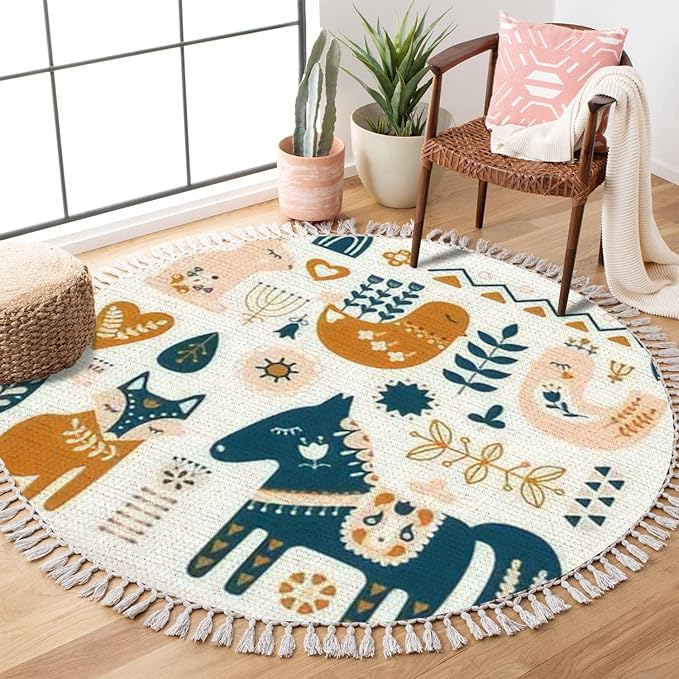 Round Rugs Composition Folk Art Animals Decorative Elements Hand Drawn Boho Area Rug Linen and Cotton Carpet Meditation Washable Hallway Runner Mat Accent for Bedroom Bathroom 3ft, Multi9
