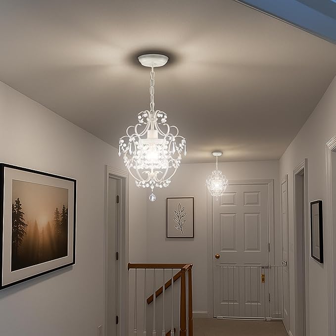 Small Crystal Chandelier for Bedroom, 90% Pre-Assembled 1 Light White Chandelier, Mini Acrylic Crystal Ceiling Light Fixture Charming for Girls Room, Closet, Bathroom, Entryway, Dining Room