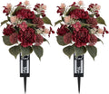 Red Cemetery Flowers for Grave: 2 Pcs Peony Grave Flower Bouquets for Cemetery Decorations - Christmas Outdoor Gravesite Flowers with Vase
