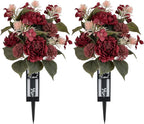 Red Cemetery Flowers for Grave: 2 Pcs Peony Grave Flower Bouquets for Cemetery Decorations - Christmas Outdoor Gravesite Flowers with Vase