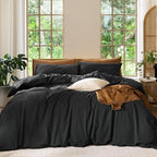 MooMee Bedding Duvet Cover Set 100% Washed Cotton Linen Like Textured Breathable Durable Soft Comfy (Solid Black, Full 80"x90")