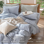 MooMee Bedding Duvet Cover Set 100% Washed Cotton Linen Like Textured Breathable Durable Soft Comfy (Heathered Cornflower Blue, Super King 108"x98")