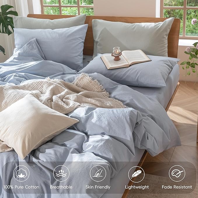 MooMee Bedding Duvet Cover Set 100% Washed Cotton Linen Like Textured Breathable Durable Soft Comfy (Heathered Cornflower Blue, Super Queen 90"x98")
