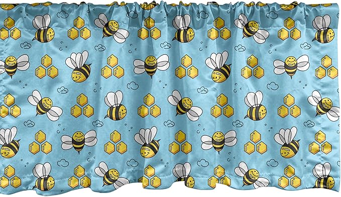 Ambesonne Cartoon Window Valance Pack of 2, Summer Style Funny Demonstration of Happy Flying Characters and Hexagon Comb, Rod Pocket Curtain Valances for Kitchen Bedroom, 42" X 18", Sky Blue Mustard