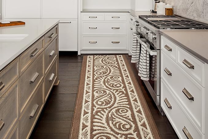 Custom Length Cut to Size Tribal Ethnic Southwestern Inspired Hallway Runner Rug, Non Slip Rubber Backed, 31 inch Wide X Customized Length, Mayan Brown, 31 inch X 32 feet