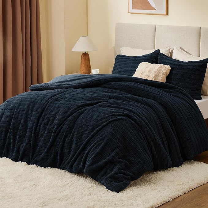 BEDELITE Fleece Twin Comforter Set -Super Soft & Warm Fluffy Navy Faux Fur Bedding, Luxury Fuzzy Heavy Bed Set for Winter with 1 Pillow case