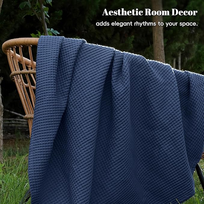 PHF 100% Cotton Waffle Weave Blanket Queen Size for Bed,Snag Proof Lightweight Breathable Throw for Couch,Great for Layering in Cold Weather,Machine Washable, Home Decor Gift-Navy Blue/Bright Blue