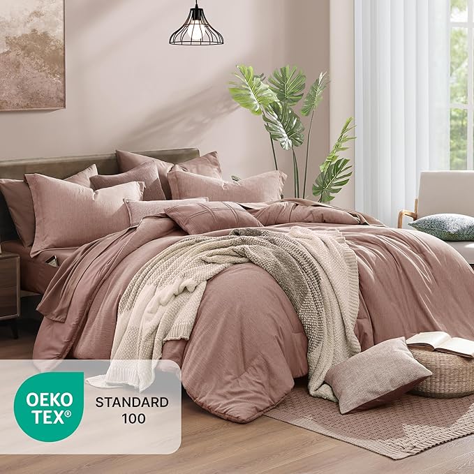 Monbix Full Size Comforter Set-7 Pieces Dusty Pink Cationic Dyeing Bed in a Bag Full Bedding Sets with Comforter, Sheets, Pillowcases & Shams, All Season Reversible Bedding Comforters