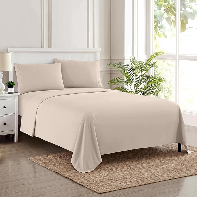Twin Sheets - Breathable Luxury Sheets with Full Elastic & Secure Corner Straps Built In - 1800 Supreme Collection Extra Soft Deep Pocket Bedding Set, Sheet Set, EXTRA DEEP pocket - Twin, Beige