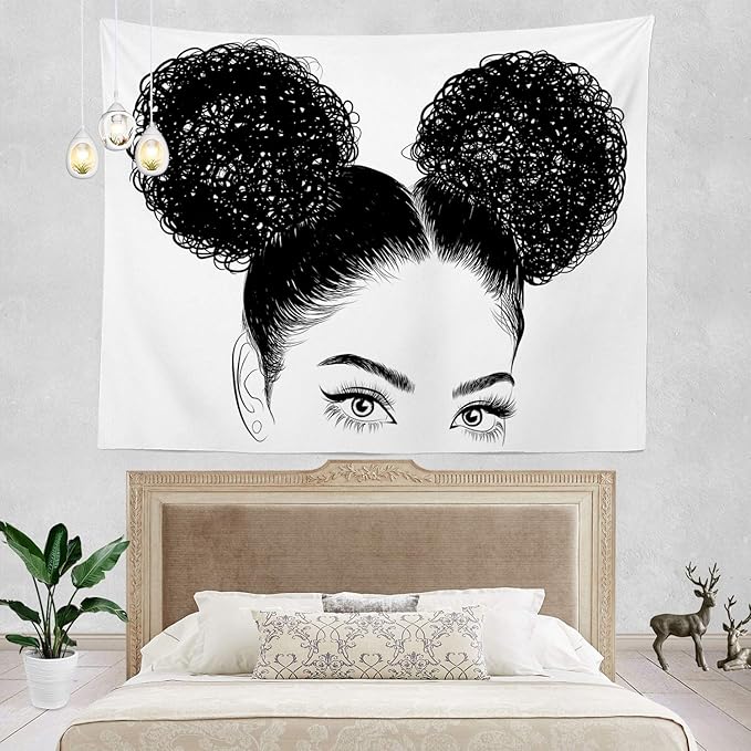Batmerry Black Woman Afro American Tapestry, Black Woman with Shirt Graphic Tee Visit Hair Afro Girl Picnic Mat Beach Towel Wall Art Decoration for Bedroom Living Room, 39.4 x 59.1 Inches, Black