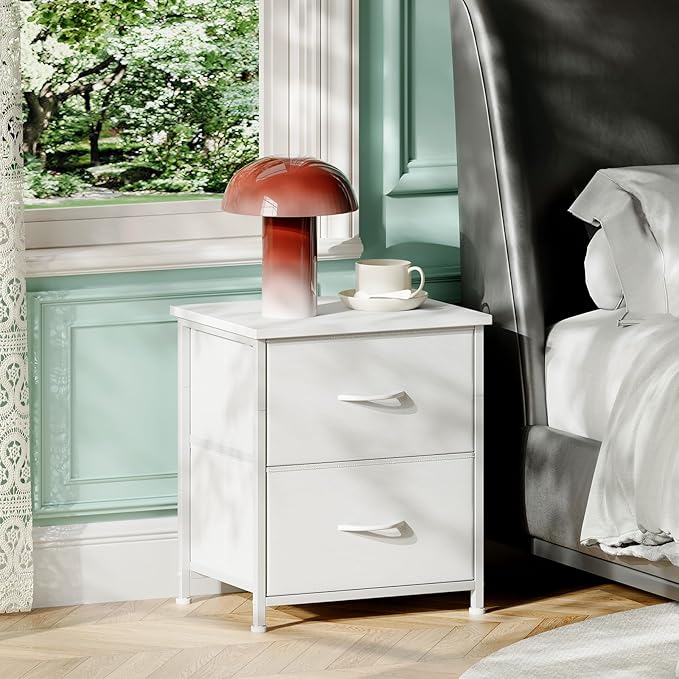 Somdot Nightstand Set of 2, Small Dresser for Bedroom with 2 Drawers, Bedside Table Night Stand End Table with Fabric Bins for Bedroom Kids Closet Dorm Guest Room, White Leather