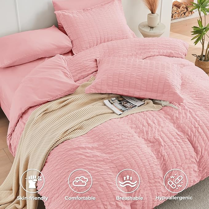 HYMOKEGE Rose Pink California King Comforter Set Seersucker 7 Pieces, All Season Luxury Bed in a Bag for Bedroom, Bedding Set with Comforter, Sheets, Pillowcases & Shams