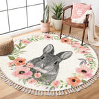 Woodland Animals Round Rugs Flower Crown Rabbit Barn Animal Boho Area Rug in Pastel Color Linen and Cotton Carpet Nursery Rug Washable Hallway Runner Mat Accent Rug for Bedroom Powder Room 3ft