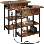 LIDYUK Set of 2 Brown End Tables with Charging Station, Narrow Side Tables for Small Spaces, Nightstands, Living Room, Brown