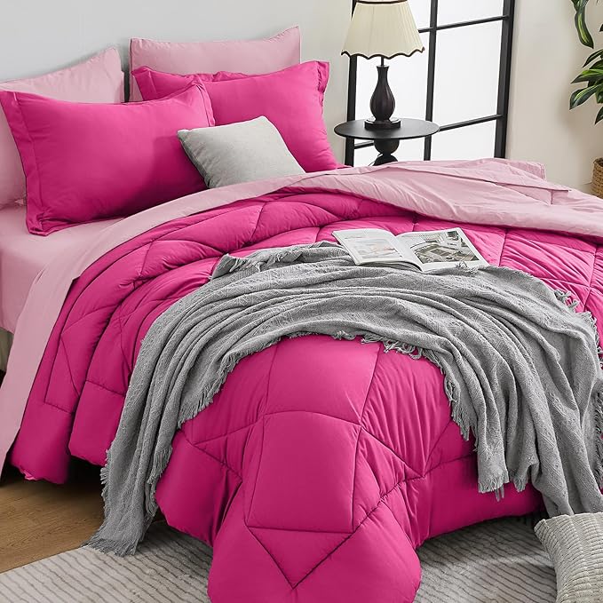 HEVUMYI Hot Pink & Baby Pink Full Comforter Set - 7-Piece All Season Bed in a Bag Full, Ultra Soft Bedding Set with Comforter, Flat Sheet, Fitted Sheet, Pillowcases, Pillow Shams