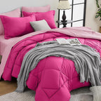 HEVUMYI Hot Pink & Baby Pink Queen Comforter Set - 7-Piece All Season Bed in a Bag Queen, Ultra Soft Bedding Set with Comforter, Flat Sheet, Fitted Sheet, Pillowcases, Pillow Shams