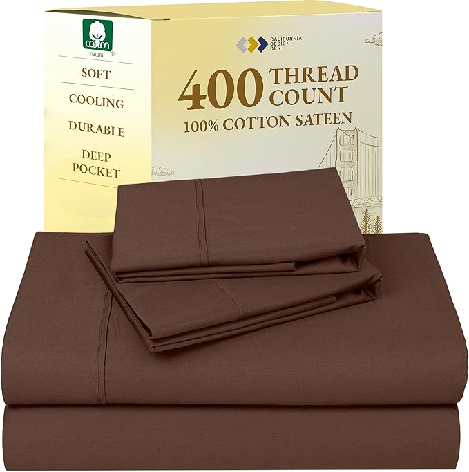 California Design Den Queen Sheet Set - Soft 400 Thread Count Sateen, Natural 100% Cotton Sheets for Queen Size Bed with Deep Pockets, Cooling and Durable Bedding Set - Espresso Chocolate Brown