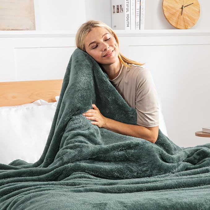Exclusivo Mezcla Plush Fuzzy Fleece Bed Blanket King Size, Super Soft, Fluffy and Warm Blankets, Suitable for All Seasons (Celadon, 90x104 Inches)