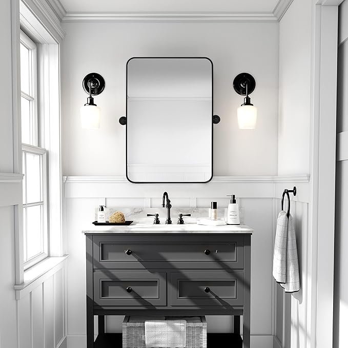 18" x 24" Pivot Rectangle Bathroom Mirror Tilting Beveled Black Metal Framed Vanity Mirrors for Wall, Tempered Glass