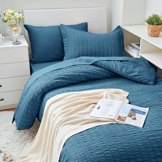 HYMOKEGE Teal Twin XL Comforter Set Seersucker 5 Pieces, All Season Luxury Bed in a Bag for Bedroom, Bedding Set with Comforter, Sheets, Pillowcase & Sham
