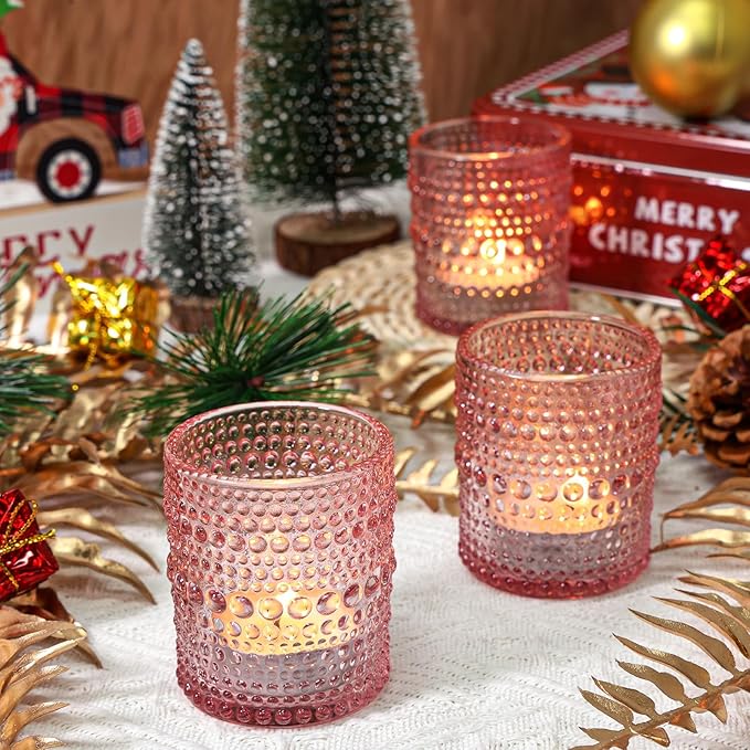 24 Pcs Votive Candle Holders, Pink Glass Candle Holder Bulk for Table Centerpiece, Tea Lights Candle Holders for Wedding Shower, Party and Home Decor