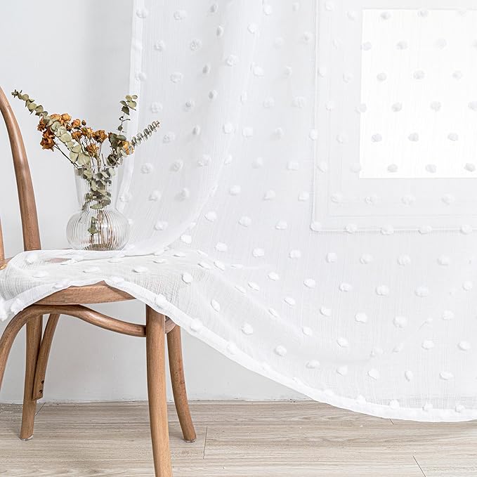 MYSKY HOME Kitchen Curtains 54 Inches Long Small Window Curtains for Bathroom Cafe Bedroom White Pom Pom Curtains for Nursery Boys Room Rod Pocket 2 Pieces Drapes 52 x 54 inch Length