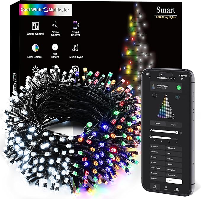 BrizLabs Smart Christmas String Lights, 115ft 300 LED Cool White & Multicolor Color Changing Christmas Lights with App & Voice Control, Dimmable Music Sync Xmas Tree Light for Indoor Outdoor Decor