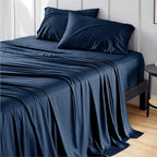 Bedsure Queen Sheet Set, Rayon Derived from Bamboo, Cooling Sheets, Breathable & Soft, Deep Pocket Up to 16 Inches, Hotel Luxury Silky Bedding for Hot Sleepers, Navy