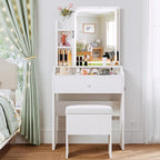 LIKIMIO Small Makeup Vanity Desk with Mirror and Lights, Vanity Table Set with Storage Drawer, Chair and Three Shelves, Bedroom, White