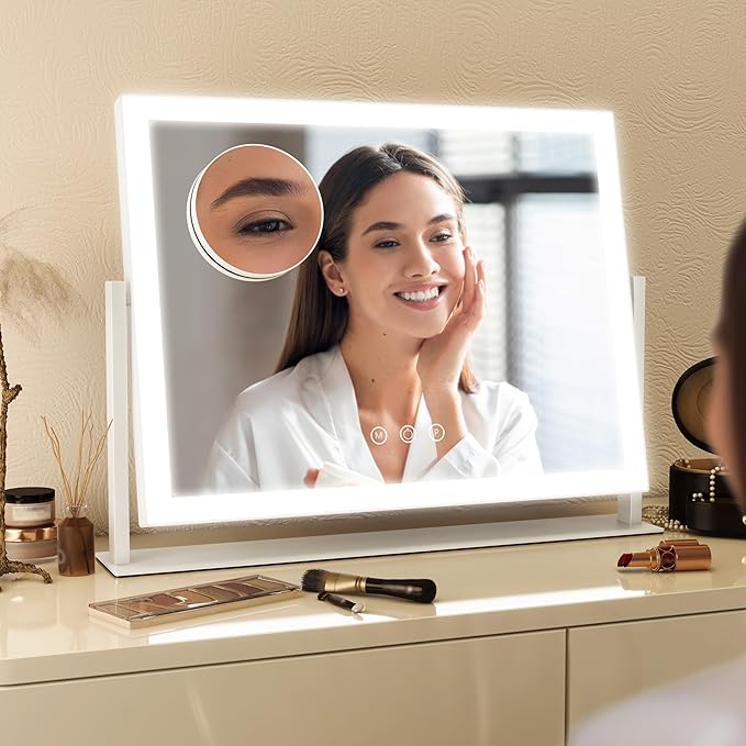 FENNIO Vanity Mirror with Lights 13'' x 17'' Makeup Mirror with Lights,Vanity Mirror Touch Screen with 3-Color Lighting,Dimmable,for Vanity Desk Bedroom White
