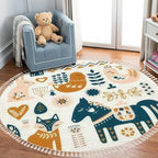 Round Rugs Composition Folk Art Animals Decorative Elements Hand Drawn Boho Area Rug Linen and Cotton Carpet Meditation Washable Hallway Runner Mat Accent for Bedroom Bathroom 3ft, Multi9